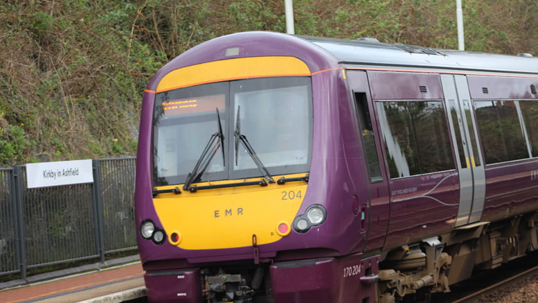 An East Midlands Railway Class 170 train at Kirkby in Ashfield railyway station.