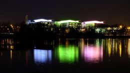 A colourful photo of Kings Mill Hospital reflected in the waters of nearby Kings Mill Reservoir
