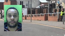 a police custody photo of Tyrone James inset into a photo of police standing guard outside the Nags Head in Kirkby in Ashfield