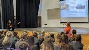 School children in a hall watching a presentation on rail safety