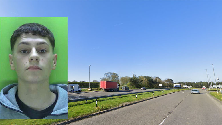 A composite image showing the police custody photo of Harrison Cudworth and the A607 dual carriageway near junction 27 of the M1