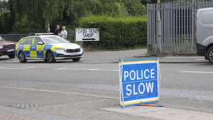 A police car outside Urban Road Business Park in Kirkby in Ashfield