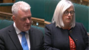 side-by-side composite images showing Lee Anderson and Michelle Welsh being sworn in as MPs