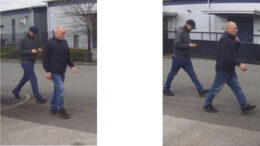 A composite image showing two photos of two men walking